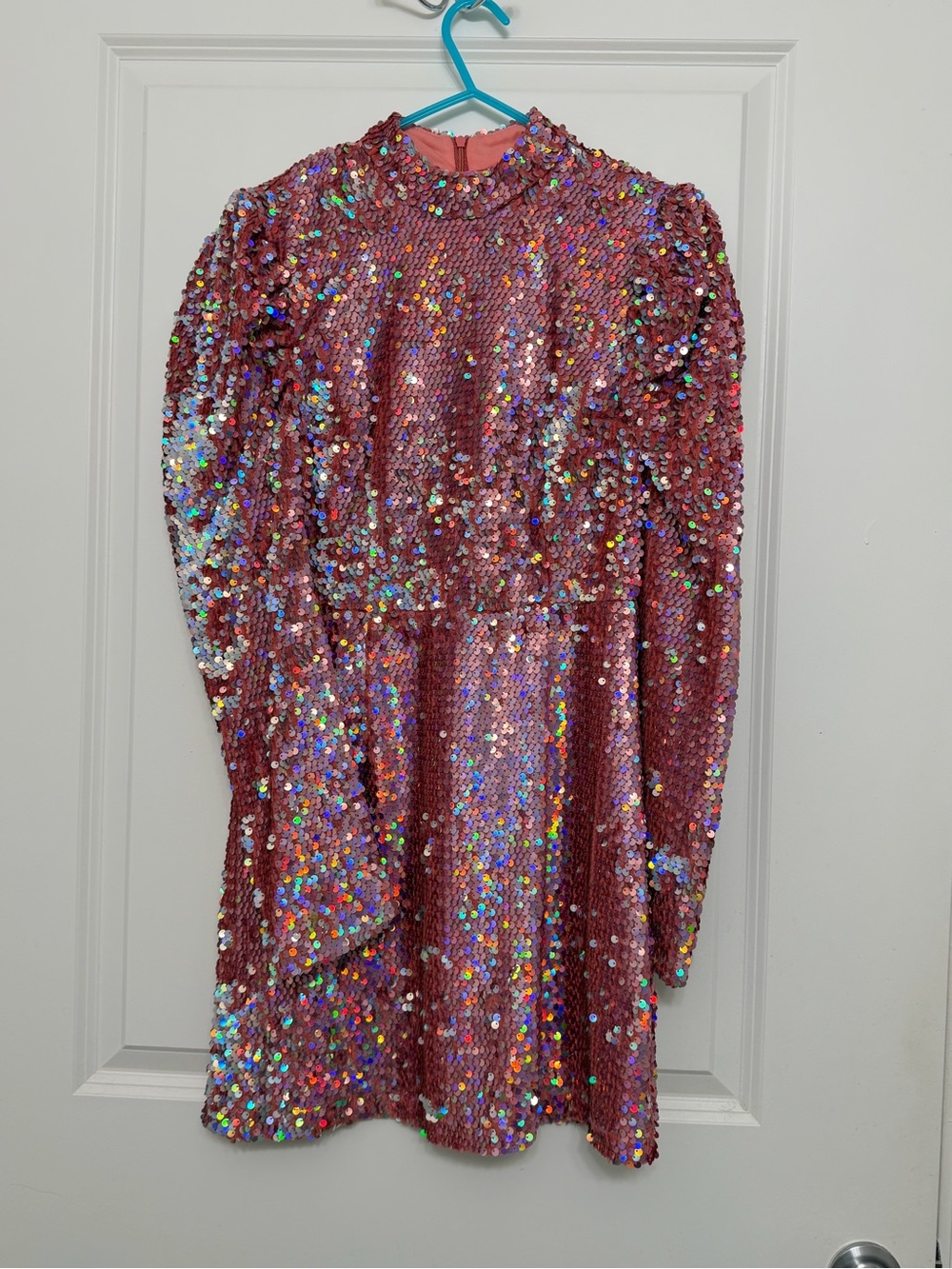 Zara Rose Pink Holographic Sequin Long-Sleeve Dress